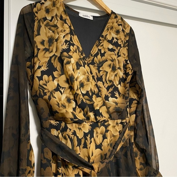 Floral black/ golden yellow chiffon maxi dress long  sleeve - Picture 2 of 15